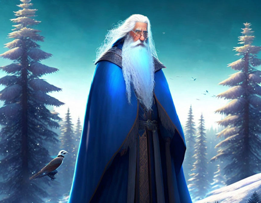 Bearded wizard in blue cloak in snowy forest with bird and blue light