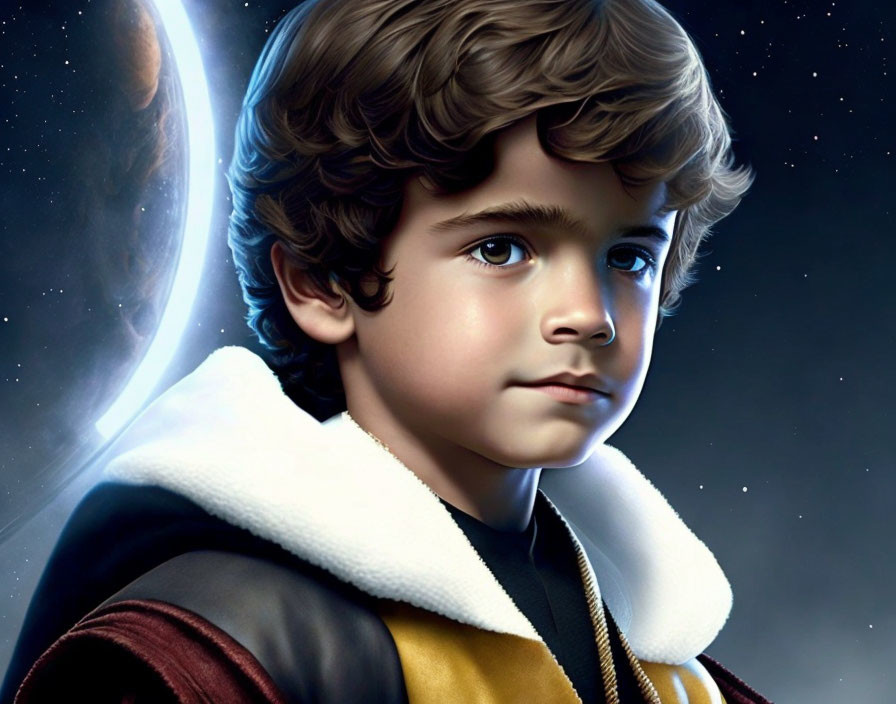 Young boy in futuristic jacket with curly hair and planet background