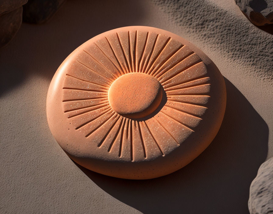 Terracotta-colored round object with sunburst pattern on sandy surface