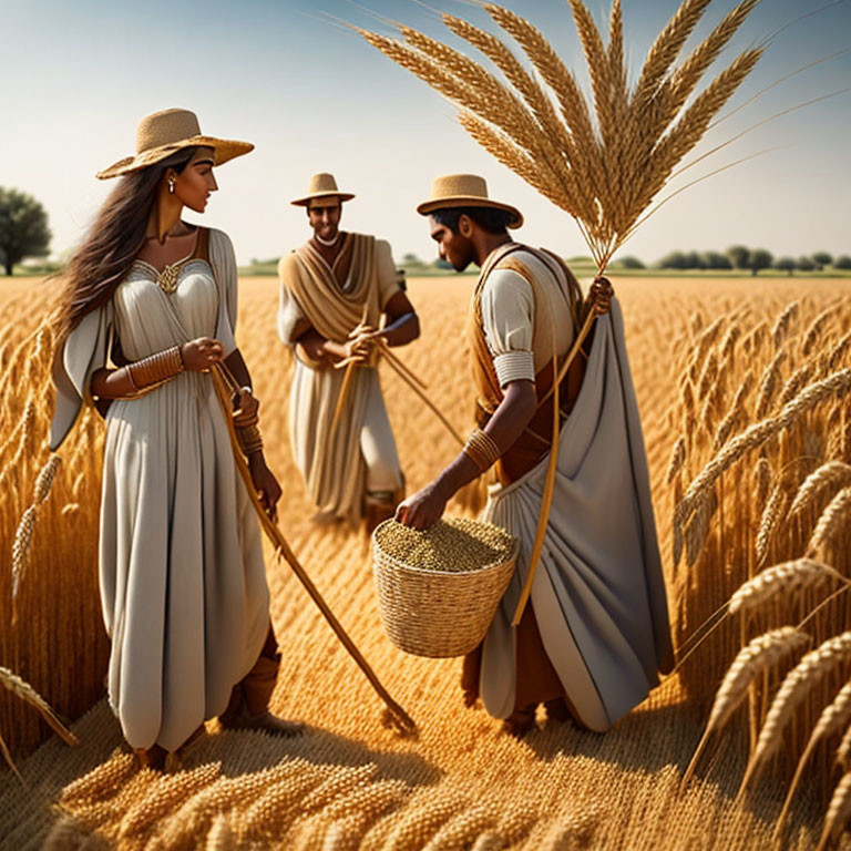 Three individuals in ancient clothing harvesting wheat in a golden field.