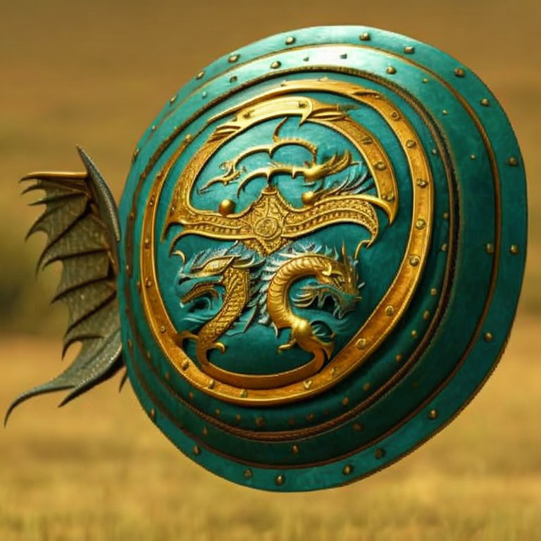 Round shield with golden dragon designs on turquoise background and wing-like protrusions