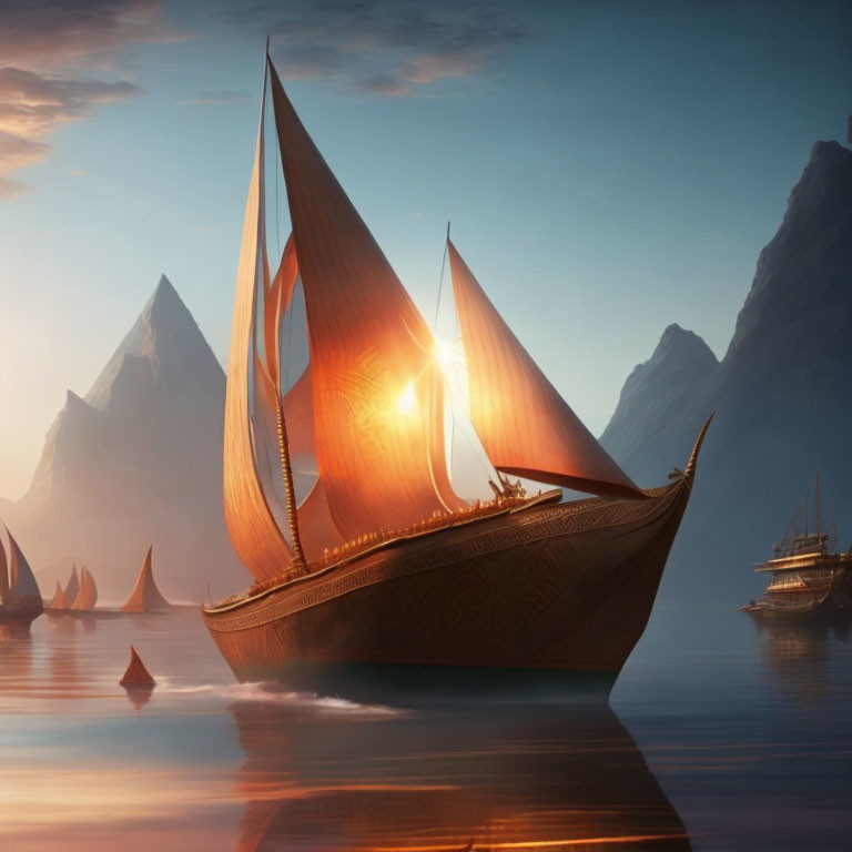 Ornate sailing ships on calm waters at sunset