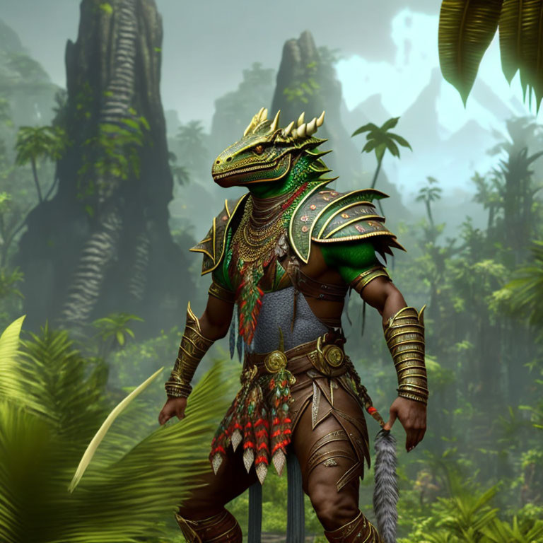 Anthropomorphic lizard warrior in ornate armor in lush jungle.