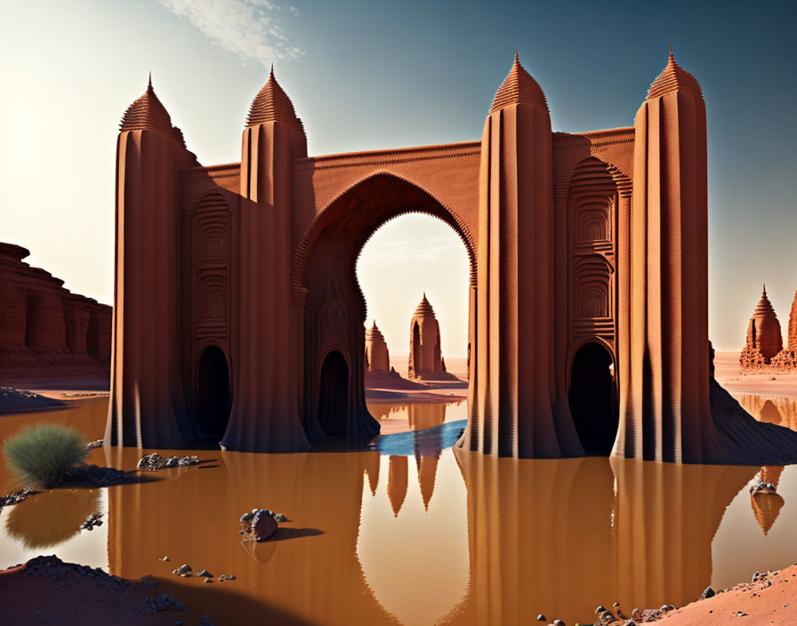 Futuristic sandcastle-like structure with towers and arches in desert landscape