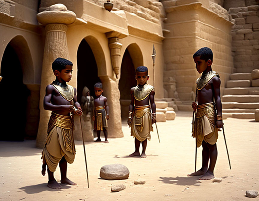 Kids in ancient Egyptian attire guard temple setting.