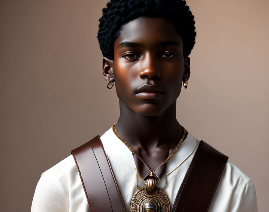 Young person with styled black hair in white shirt and golden necklace against beige background