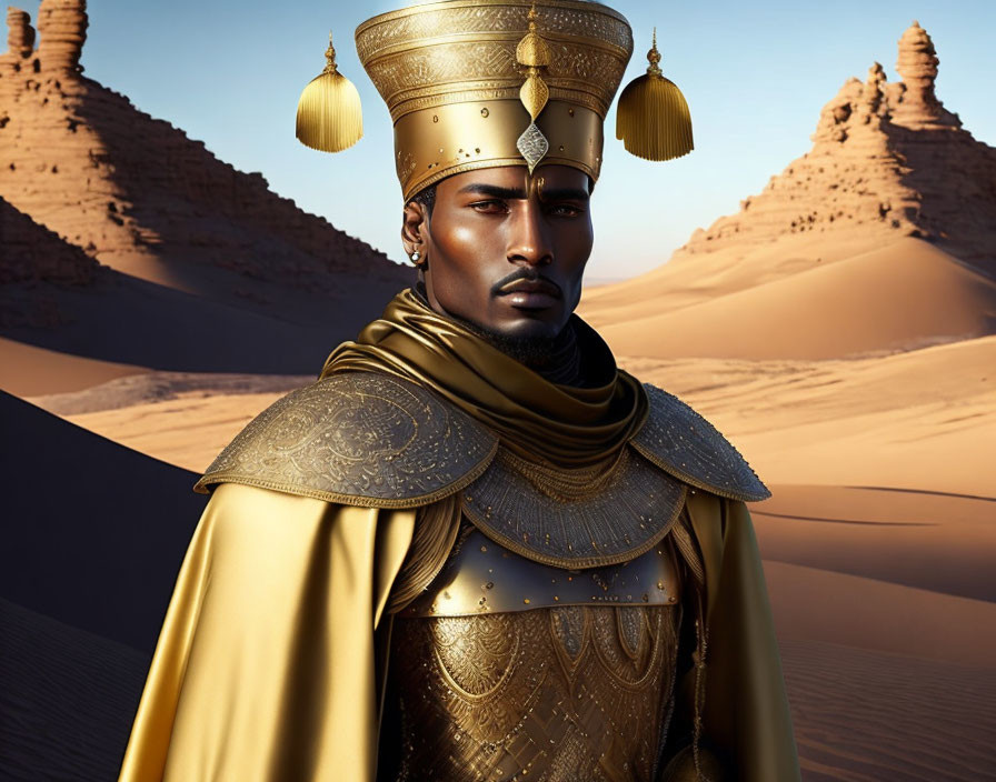 Regal figure in golden armor and cape against desert backdrop