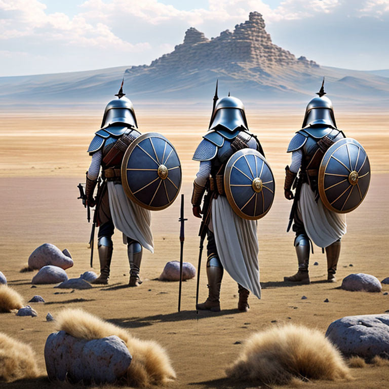 Armored warriors with shields and spears in desert landscape.