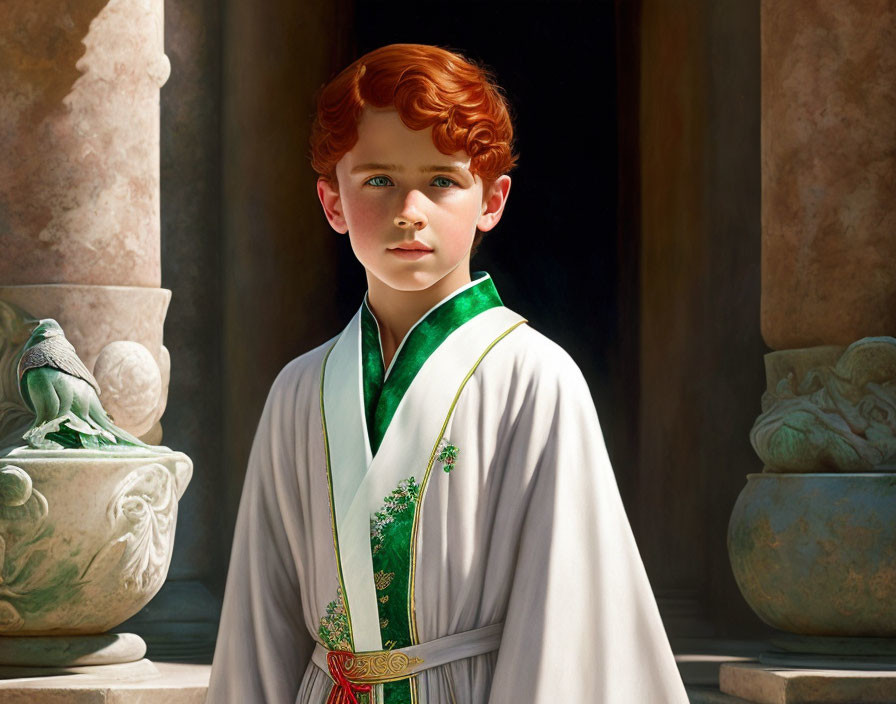 Red-Haired Boy in White and Green Robe by Pillars