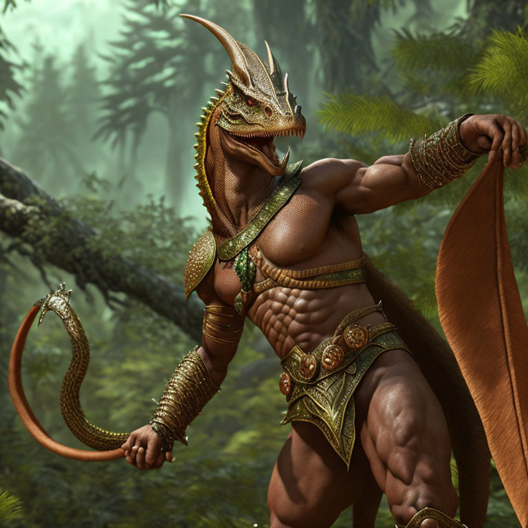 Muscular dragon creature in armor wields whip in misty forest