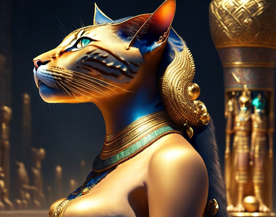 Regal cat with Ancient Egyptian-inspired jewelry and headdress against golden artifacts