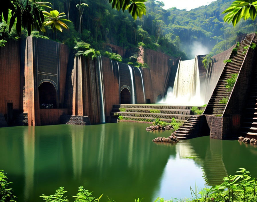 Tropical scenery with large dam, spillways, waterfalls, and lush greenery.