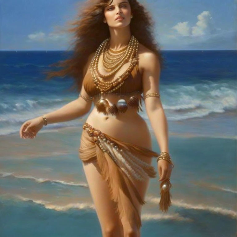 Woman by the Sea: Gold Jewelry, Beige Skirt, Wavy Hair