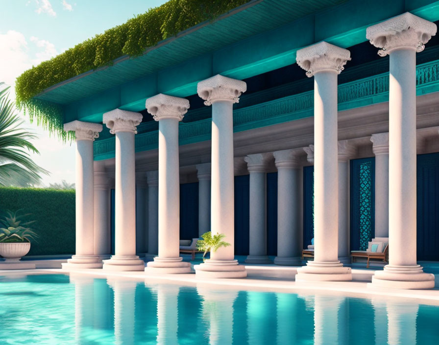 Luxurious Outdoor Pool with Stone Columns and Lush Greenery