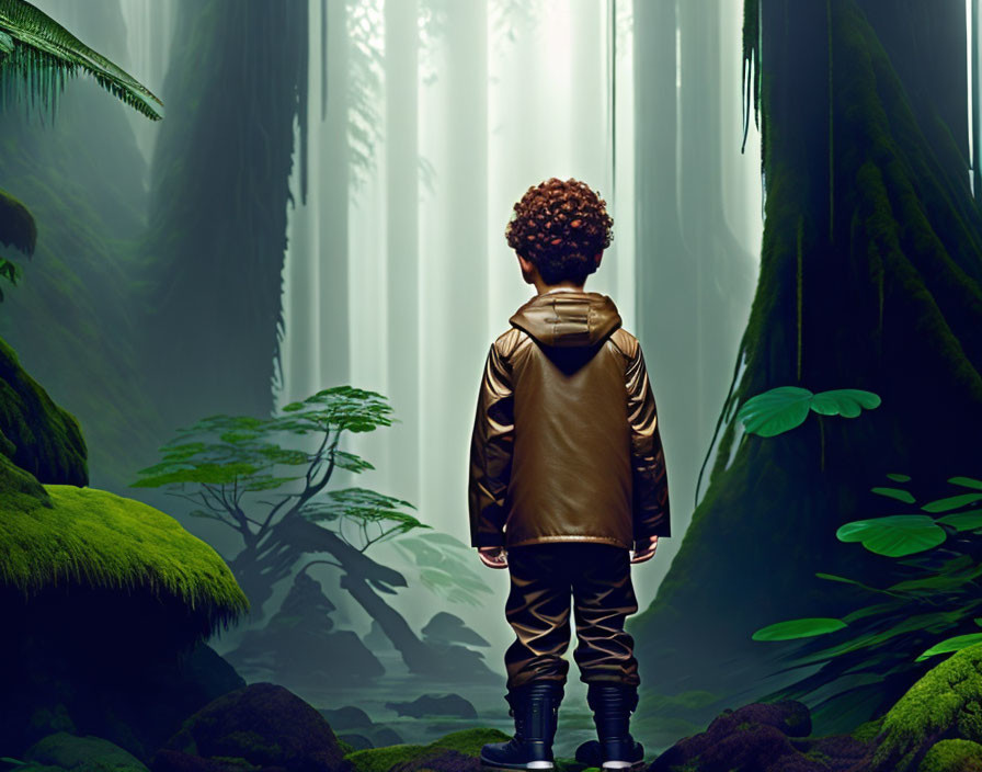 Child in brown outfit gazes at misty forest landscape