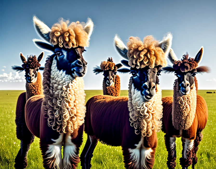 Four Alpacas with Fluffy Coats in Field Under Blue Sky