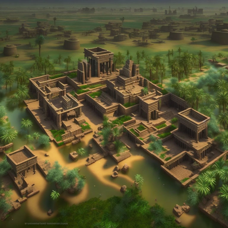 Digital artwork: Ancient Egyptian-style cityscape with temples, statues, and palm trees.