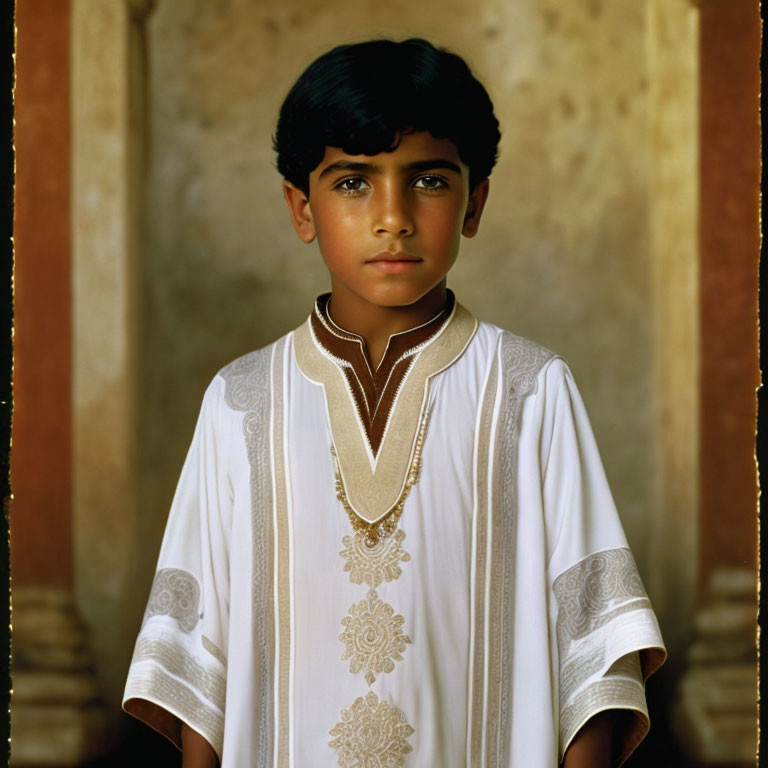 Traditional Attire Young Boy in Classical Architecture Room