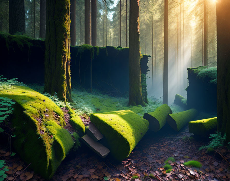 Sunbeams through mist in lush forest with moss-covered trees.