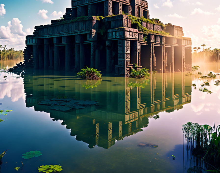 Ancient temple mirrored in tranquil lake amidst lush greenery and golden sunlight