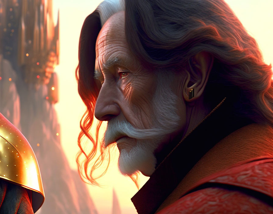 Elderly animated character with gray hair and beard in red cloak, gold earring, castle backdrop