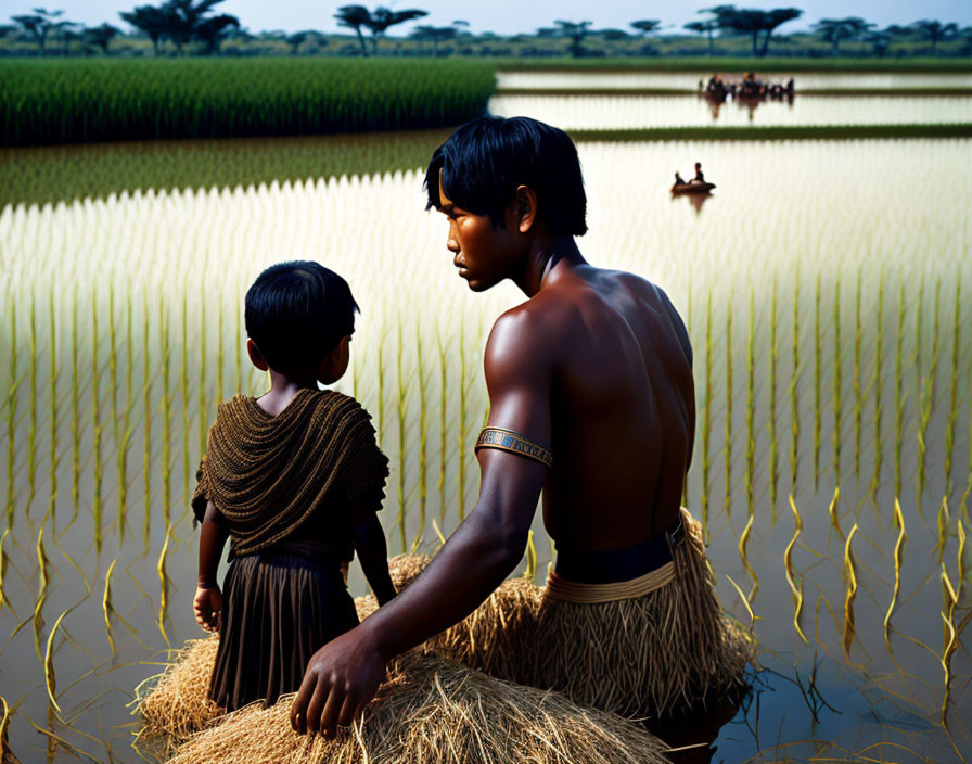 Traditional clothing individuals in rice field with boat and lush greenery.