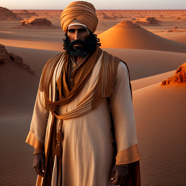 Traditional Desert Attire Man in Turban at Golden Hour