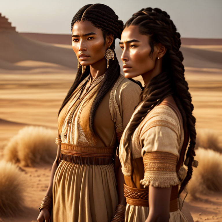 Two women with braided hair in earth-toned dresses under desert sunlight