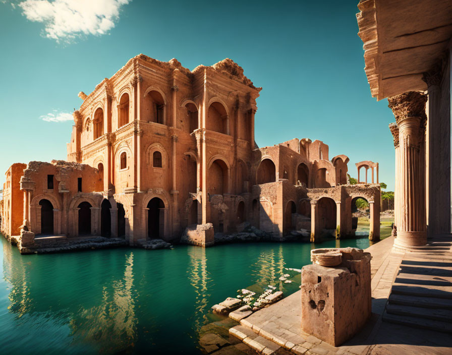 Ancient Ruins with Arched Doorways Near Turquoise Water Body