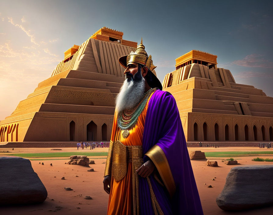 Ancient regal figure in vibrant attire before ziggurat at dusk