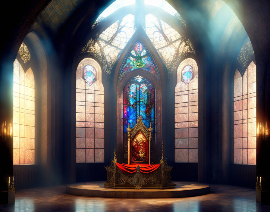 Ornate hall with tall stained glass windows and central throne with red velvet drape