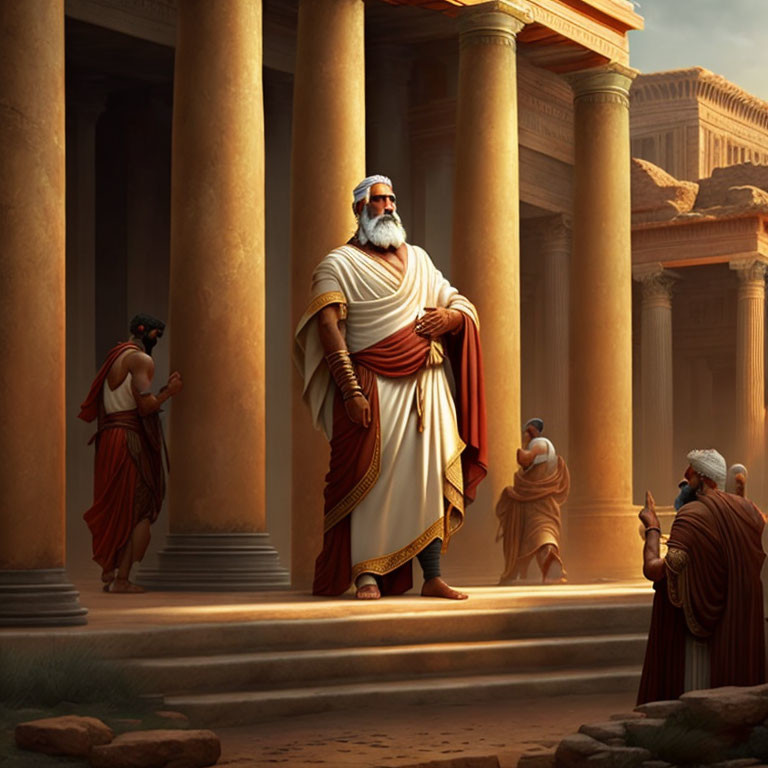 Ancient Greek attire illustration with older man and pillars.