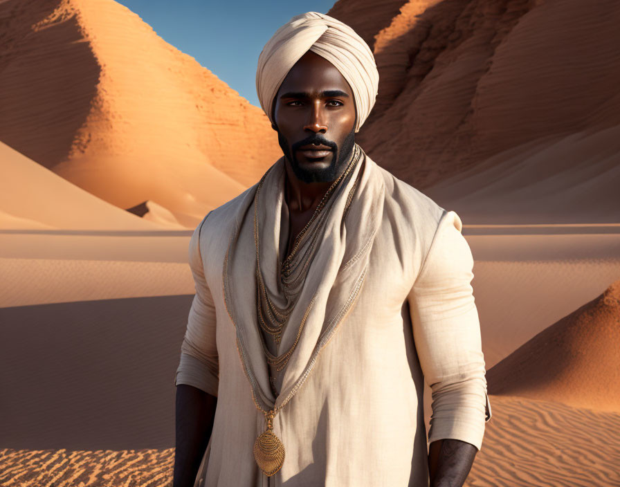 Man in white turban and robes against desert dunes and clear sky