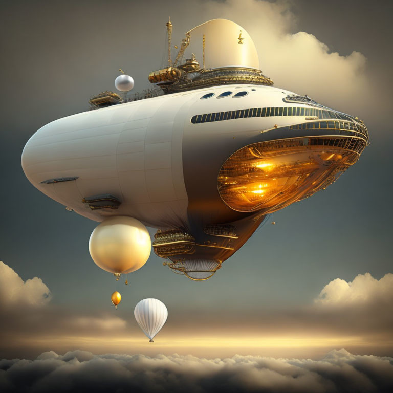 Fantastical airship design with submarine-like features in cloudy sky