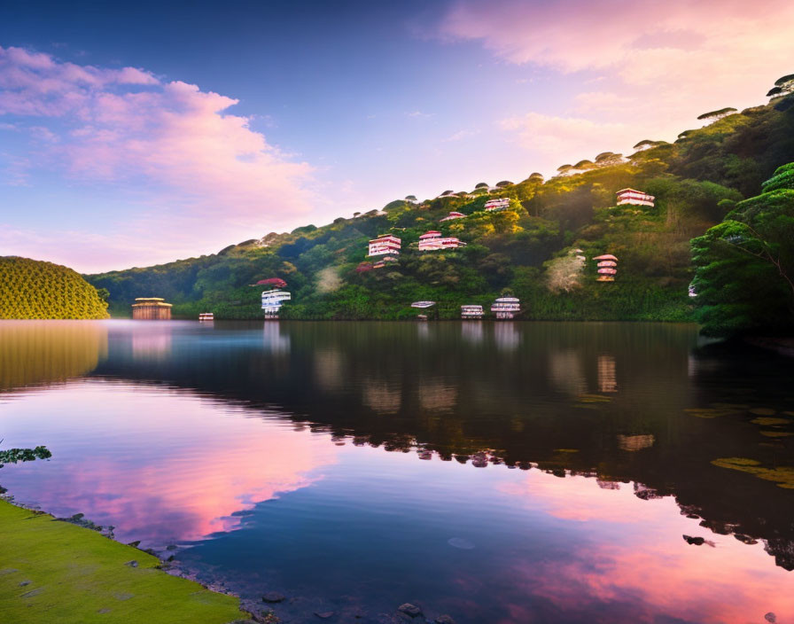 Tranquil sunset scene: pink clouds reflected on lake, nestled buildings among lush green hills.