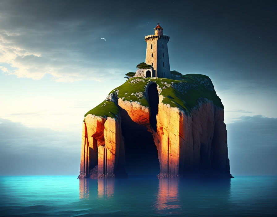 Idyllic lighthouse on cliff with natural archway, serene waters, twilight sky