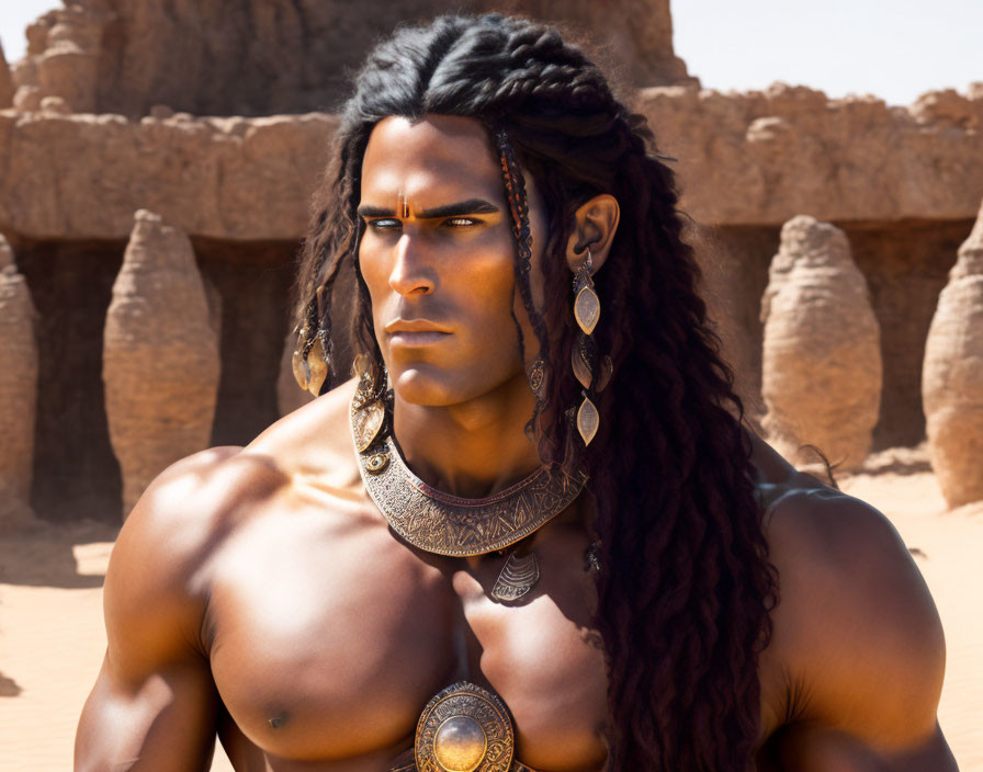 Muscular man with braided hair in tribal jewelry against desert backdrop