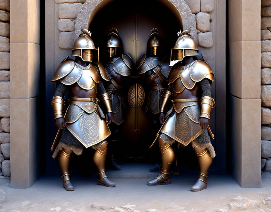 Three knights in ornate armor guarding fortress gate under sunlight