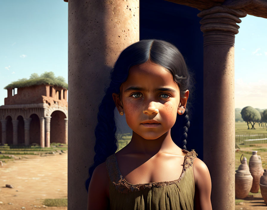 Young girl with braided hair in green dress near ancient columns & landscape.