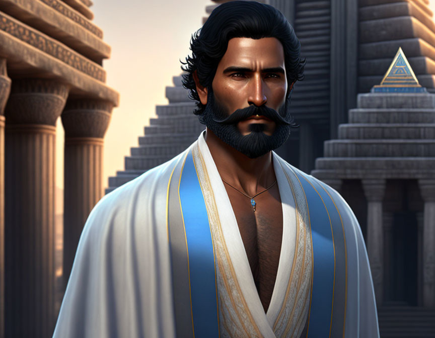 Man with Dark Hair in White Robe with Blue Sash in Ancient Egyptian Setting