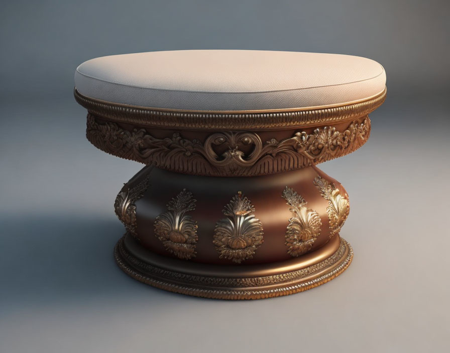 Carved Wooden Leg Round Stool with White Cushioned Top