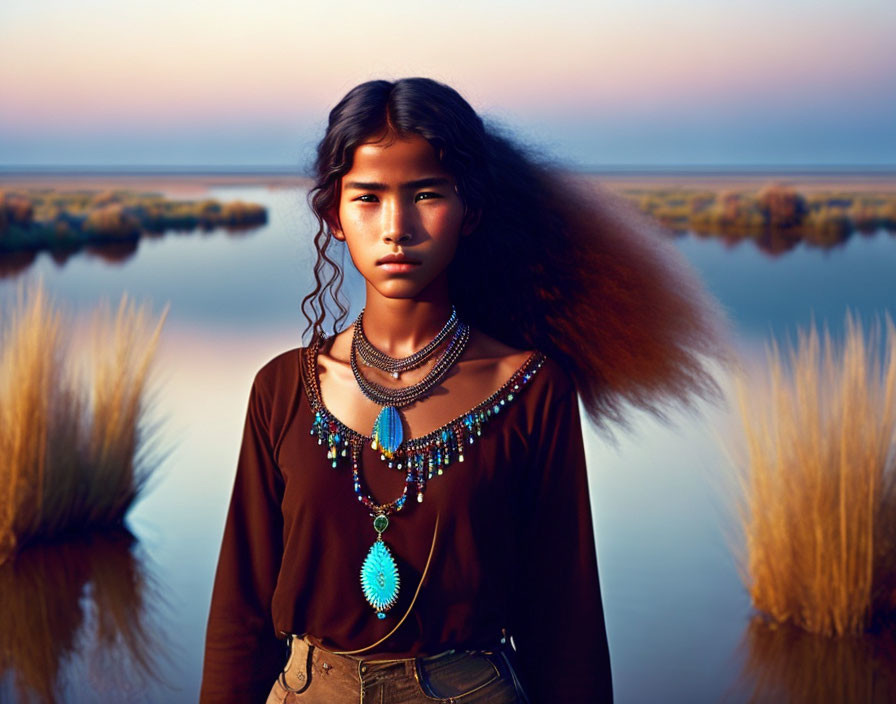 Young woman with wavy hair in brown top and turquoise necklace at sunset by water