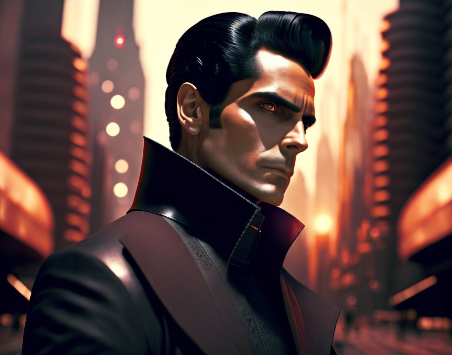 Stylized digital artwork of man in dark suit against futuristic city backdrop