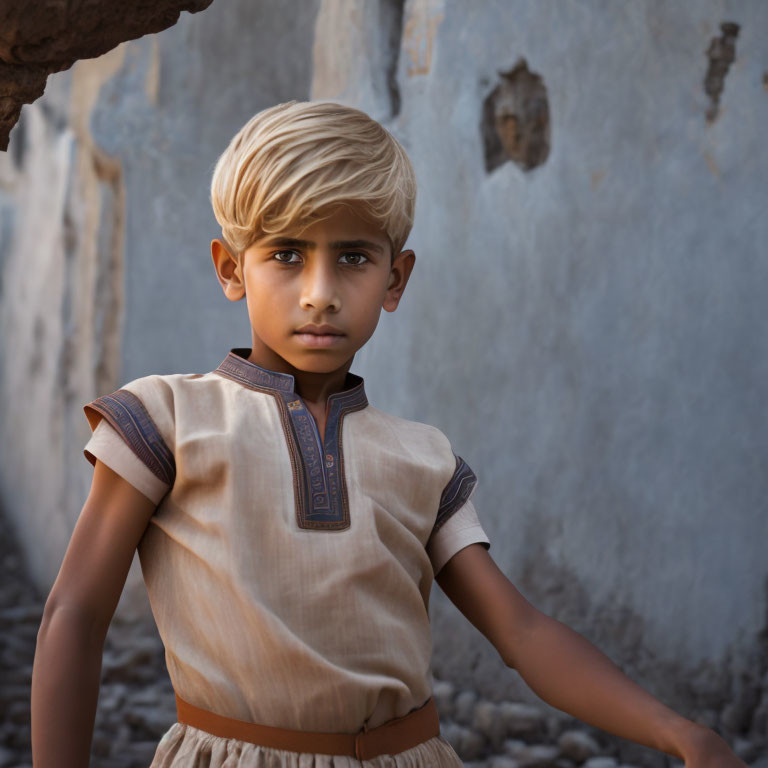 Young blond boy in beige outfit by blue wall gazes at camera