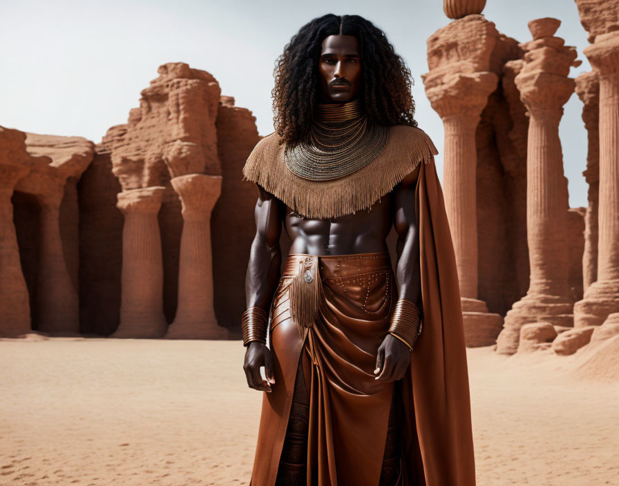 Person in flowing brown cape in desert with sandstone backdrop