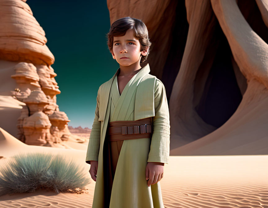 Young child in Jedi costume in desert landscape with rocks and clear sky