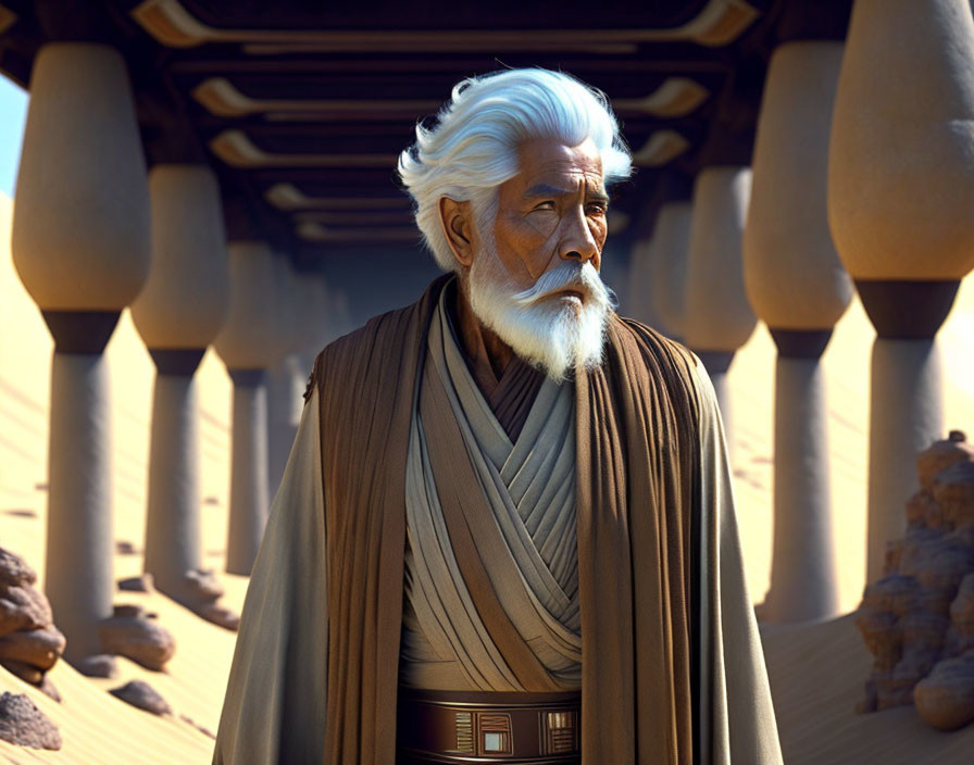 Elderly man in brown robes under desert stone structure