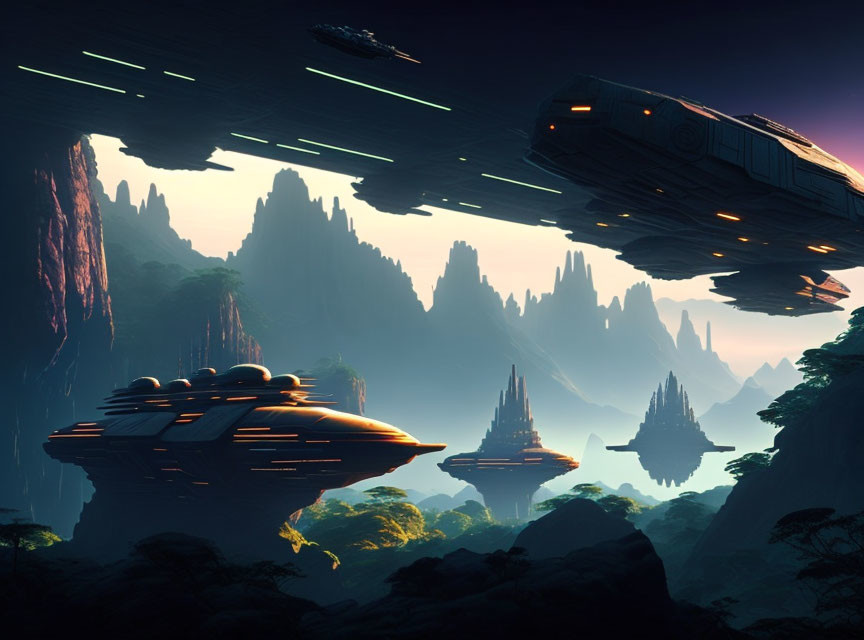 Alien landscape with futuristic spaceships and rock spires