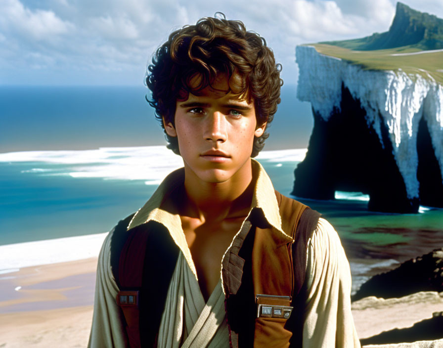 Curly-Haired Young Man on Beach with Cliff and Ocean Background