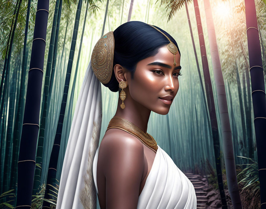 Traditional Indian Fashion Woman in Bamboo Forest